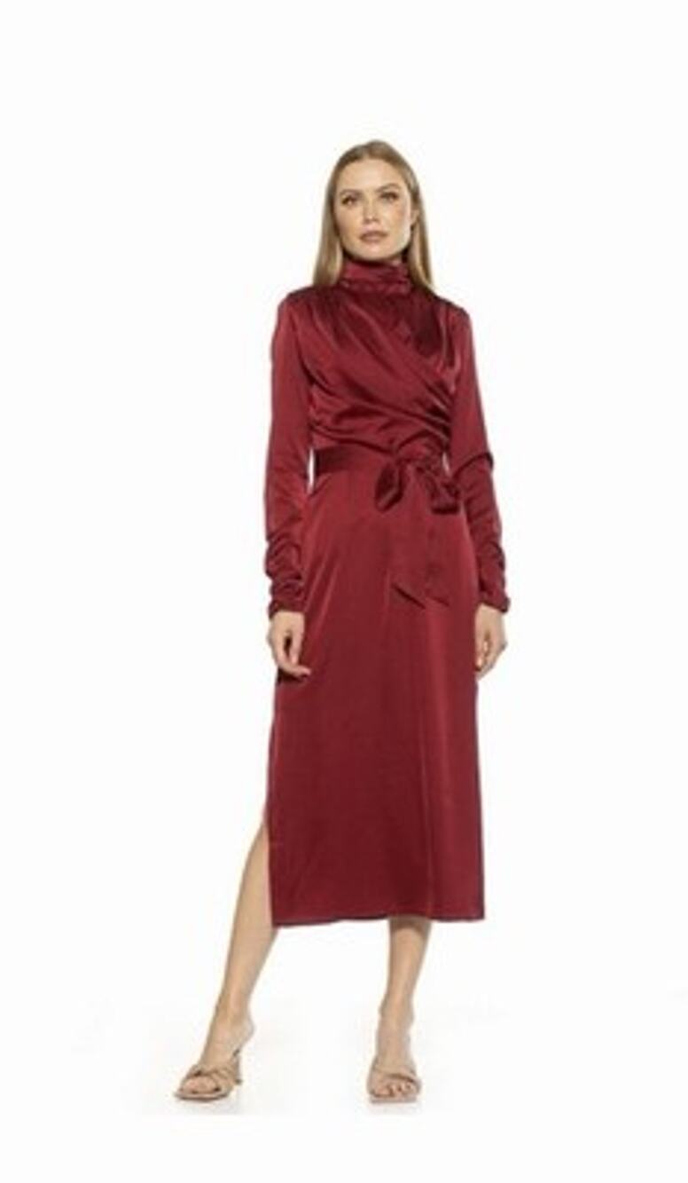 Alexia Admor Cranberry Red Satin Mock Neck Midi Dress Belt Womens Size 4